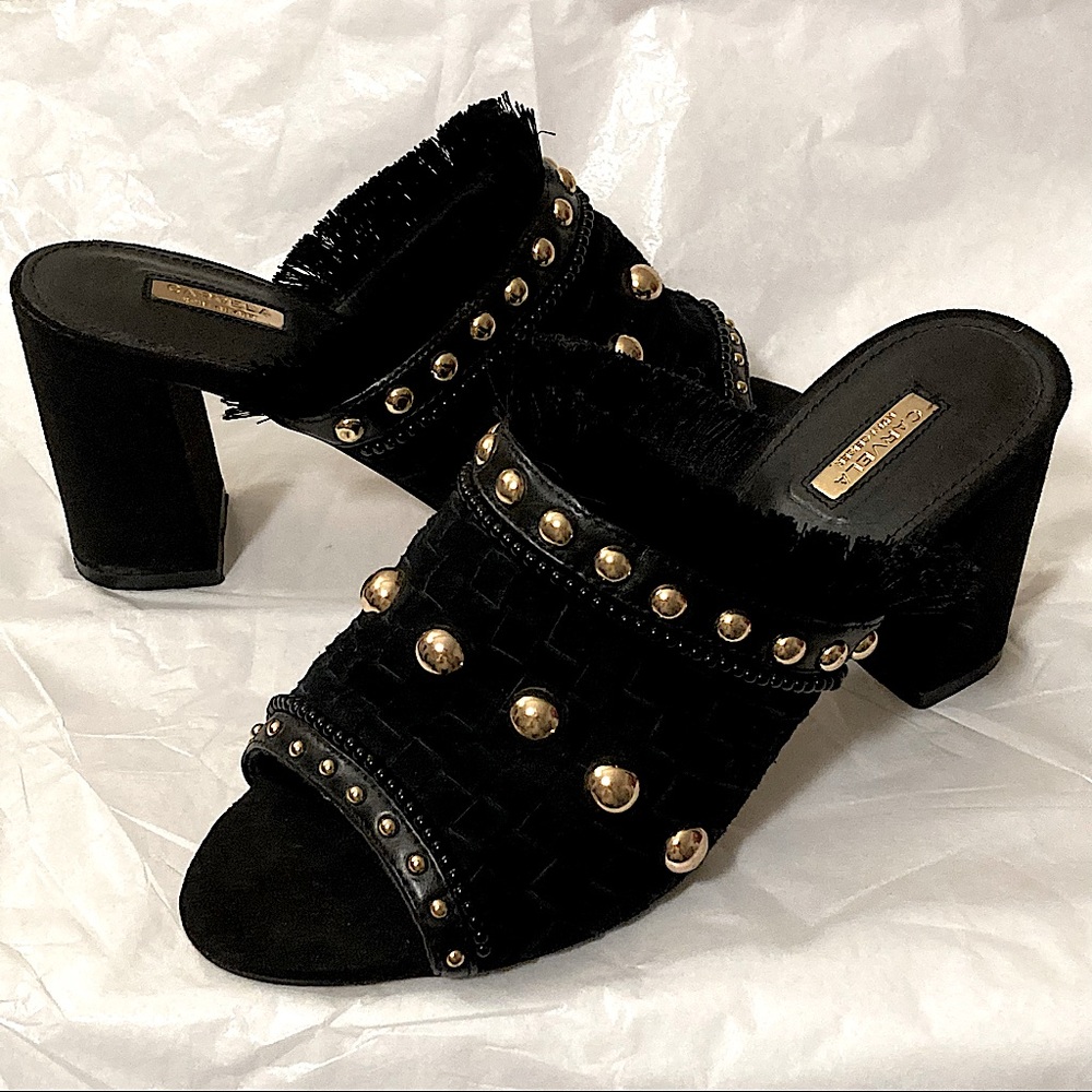 Carvela Kurt Geiger ‘Gander’ Mid Heel  Gold Studded Black Suede Mule Heels 37 - Picture 2 of 16